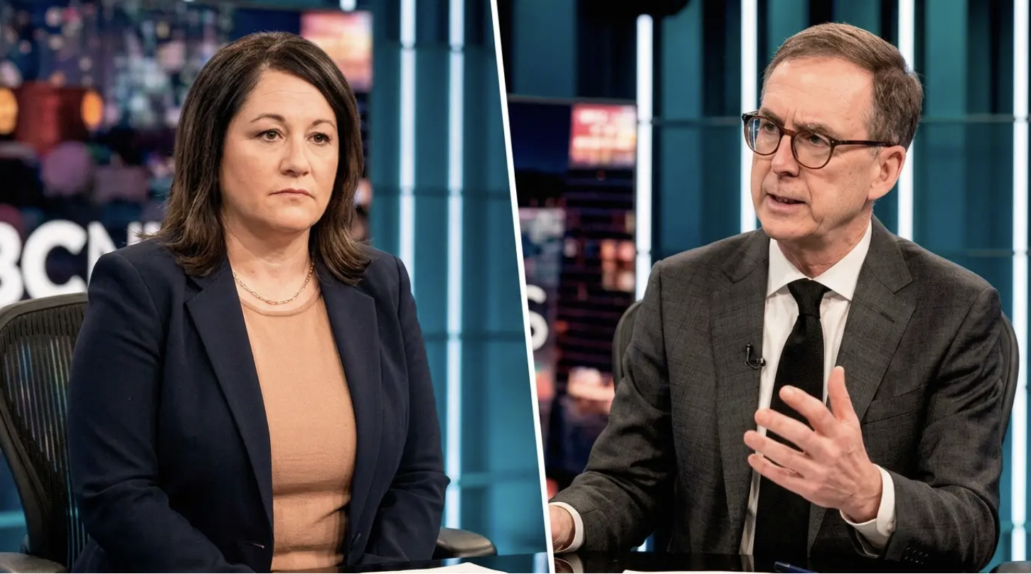 CBC The National anchor and Tiff Macklem split screen during the confrontational interview